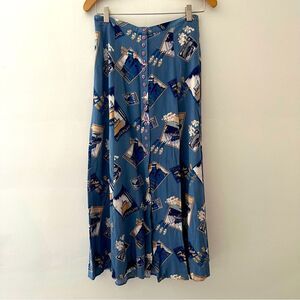 Vintage Rayon 70s Skirt Midi Button Front Pull On Size Medium Blue Postcards